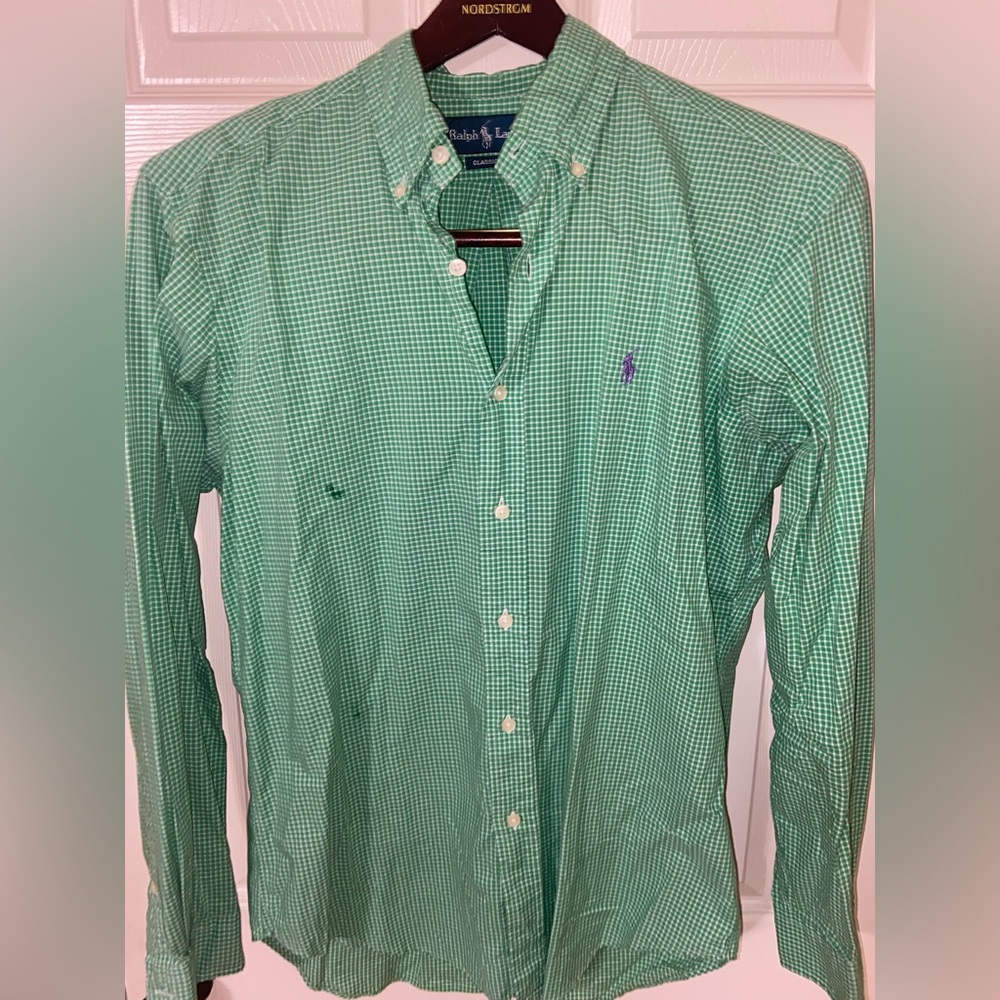 Polo Ralph Lauren shirt Men Medium Green Button Up Long sleeve Pony